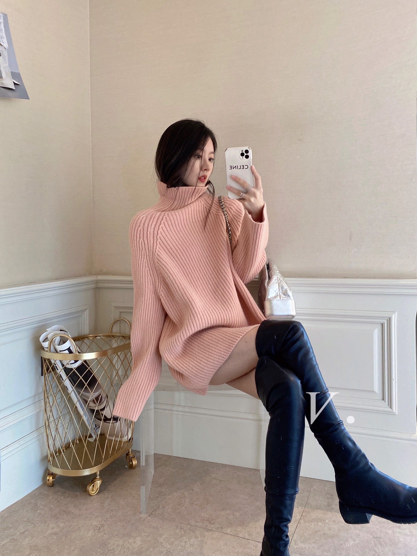 Long Turtleneck Ribbed Sweater