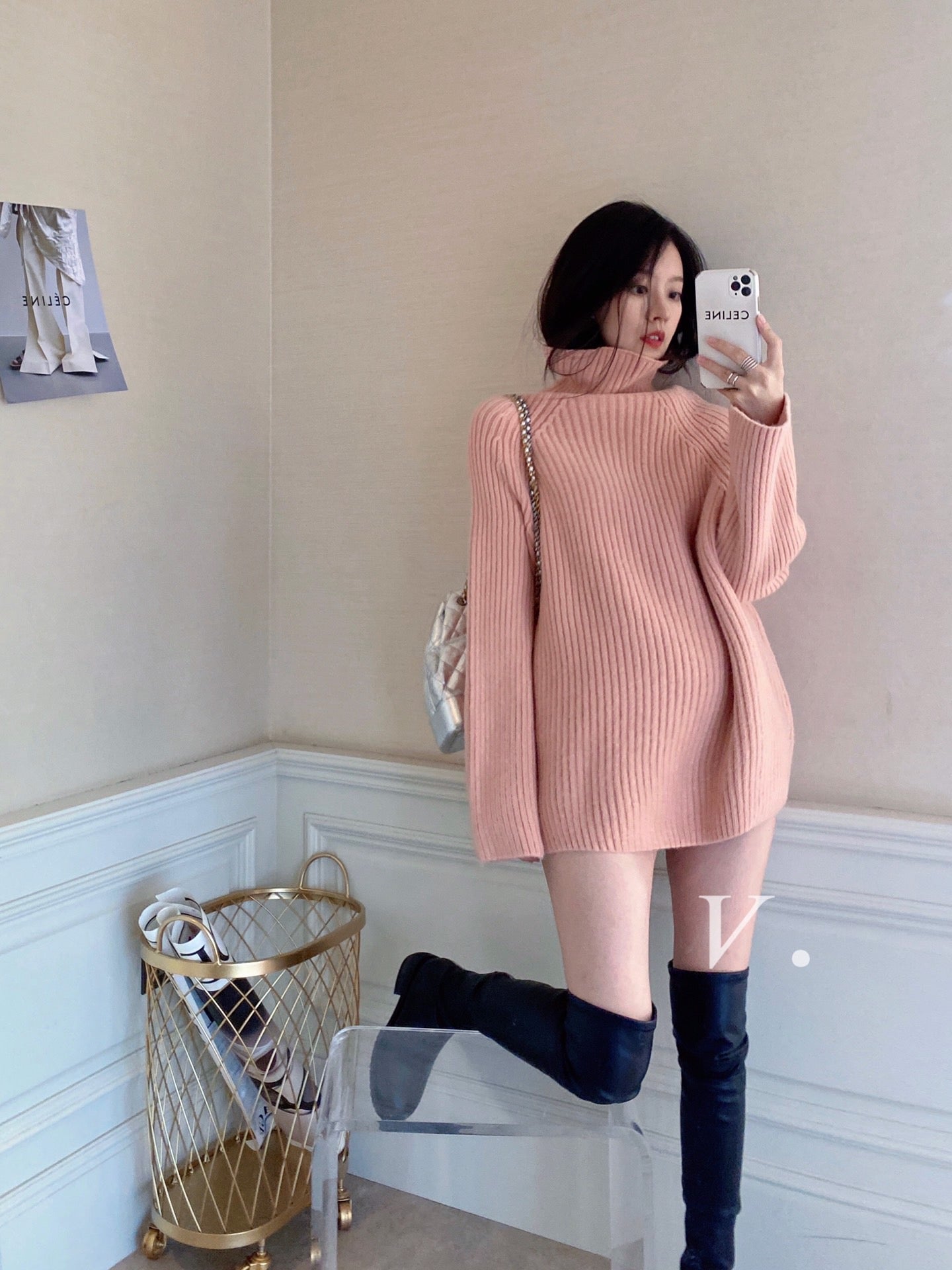 Long Turtleneck Ribbed Sweater