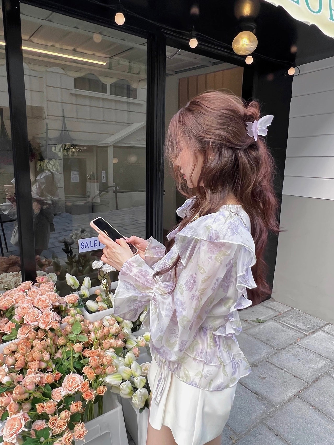 Floral Lantern Sleeves Chiffon Top