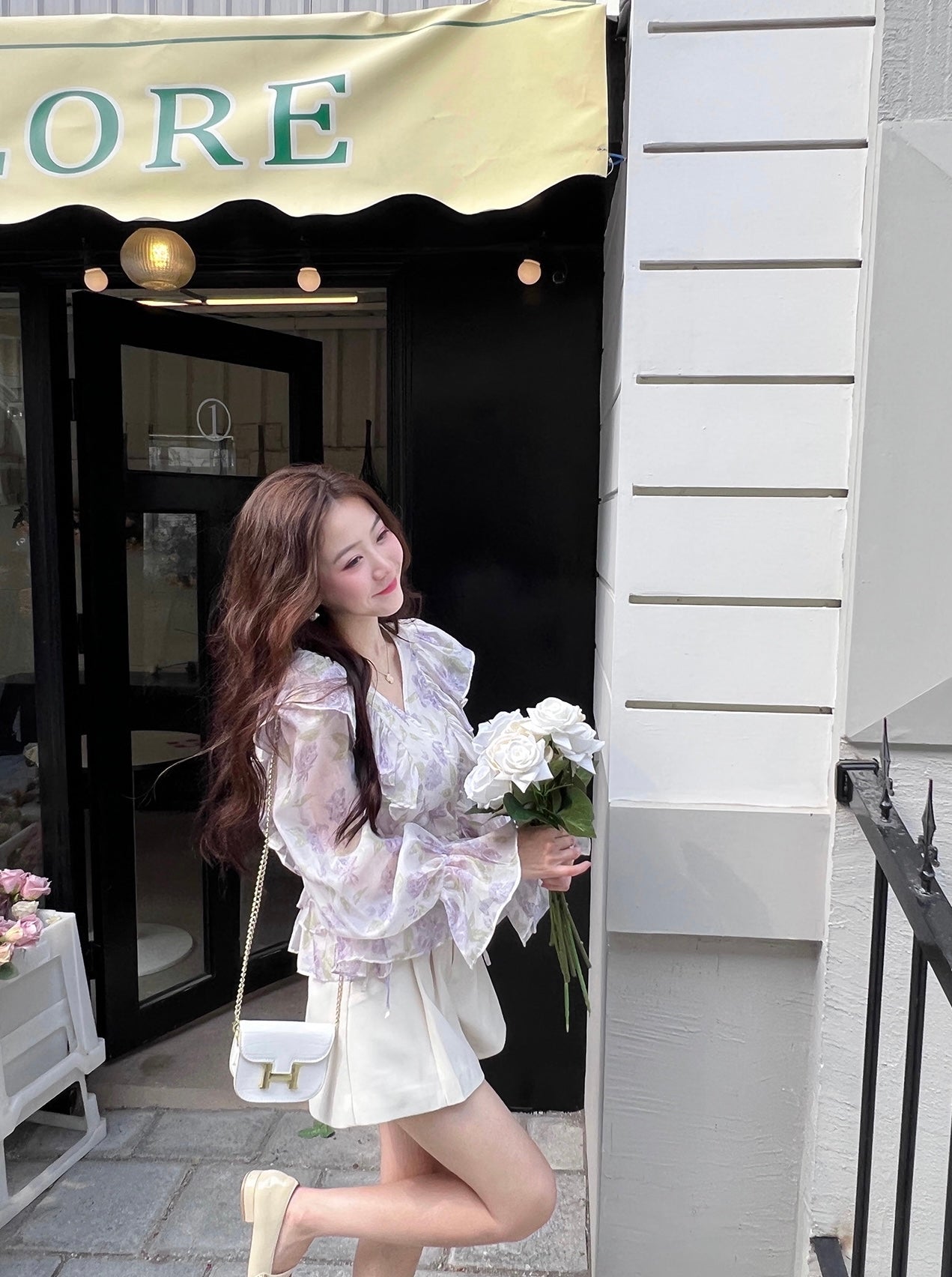 Floral Lantern Sleeves Chiffon Top