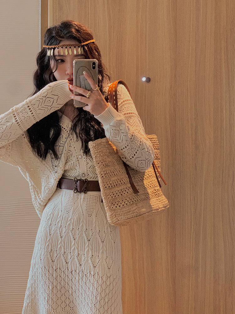 Pointelle Knit Cardigan Skirt Set
