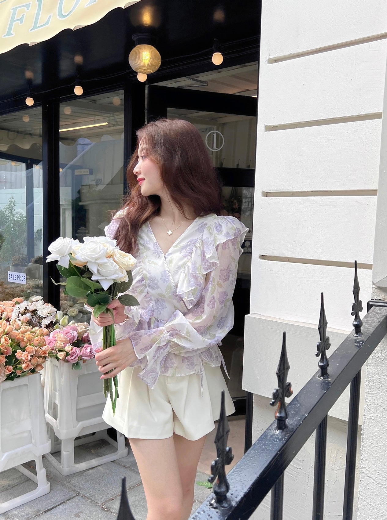 Floral Lantern Sleeves Chiffon Top