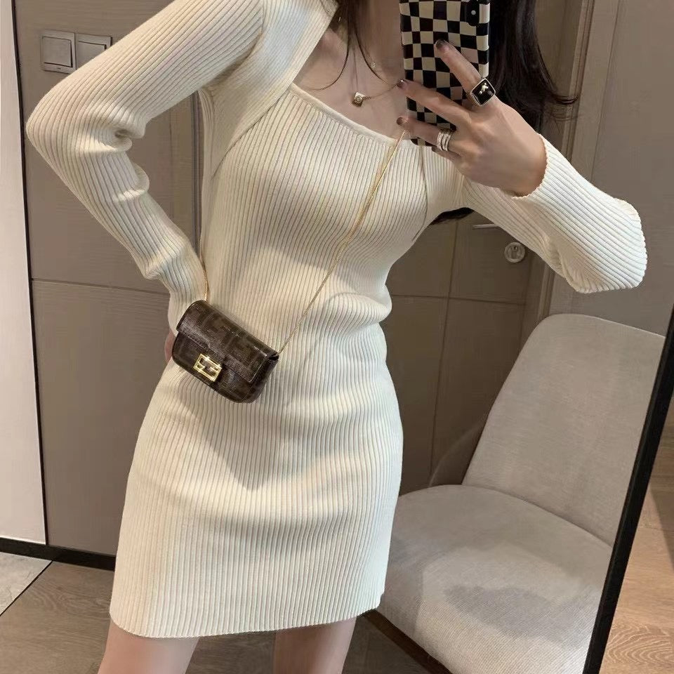 Square Neck Ribbed Knit Dress