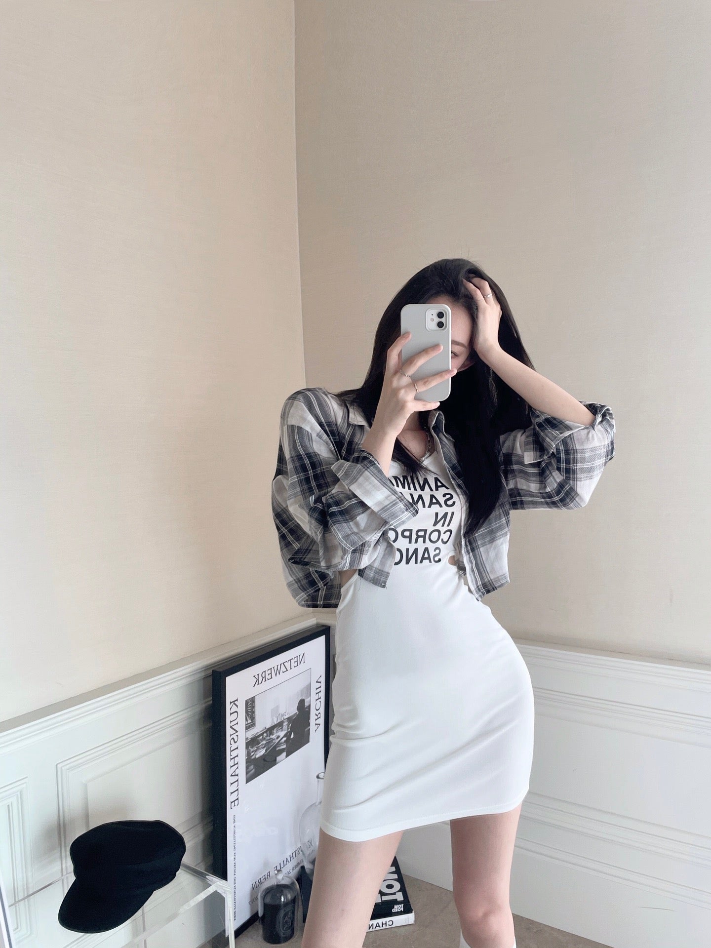 Plaid Shirt Hollow Bodycon Set
