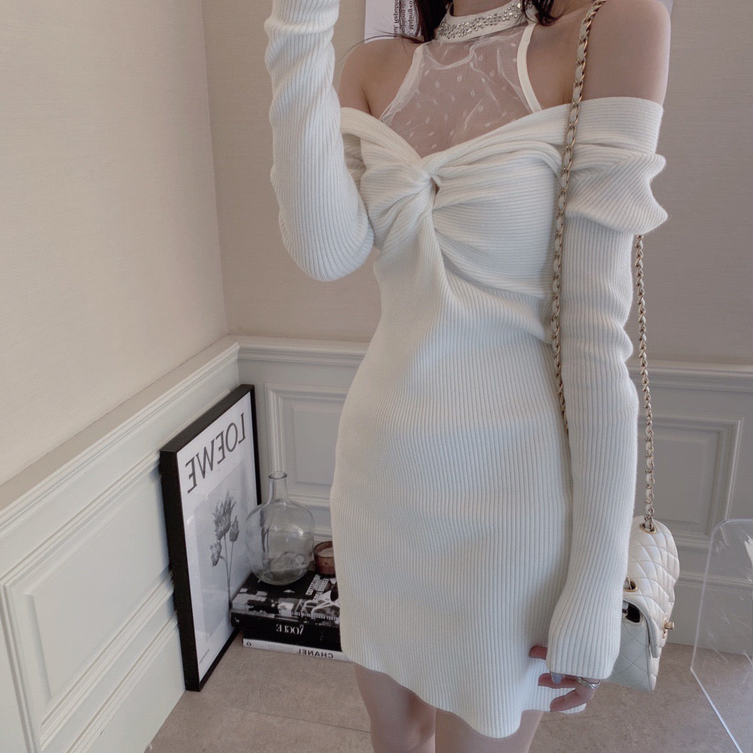 Lace Halter Neck Knit Dress