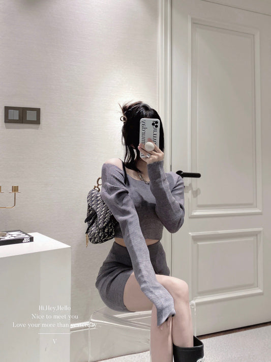 Knit Cropped Top and Skirt Set