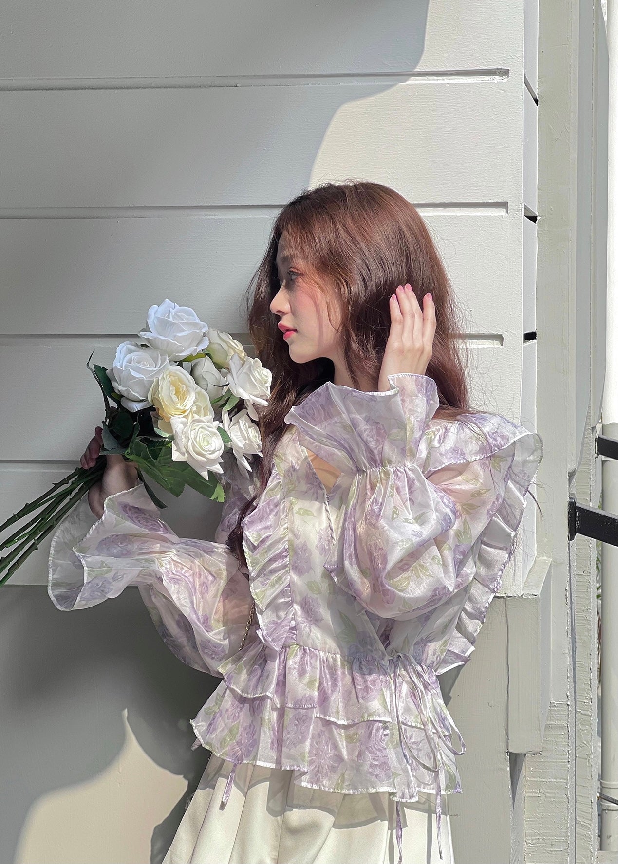 Floral Lantern Sleeves Chiffon Top