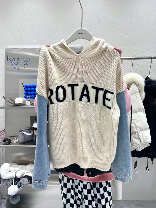 Denim Spliced Knit Hoodie