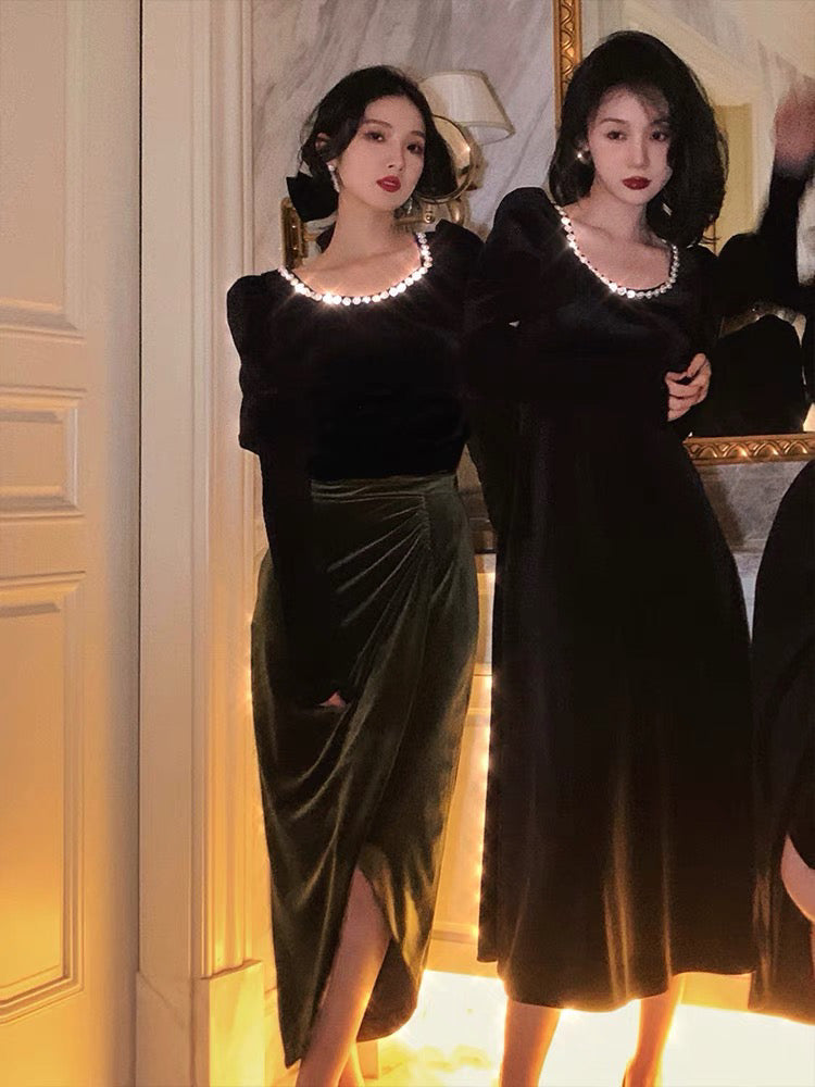 Velvet Top with Smocking Sleeved Set