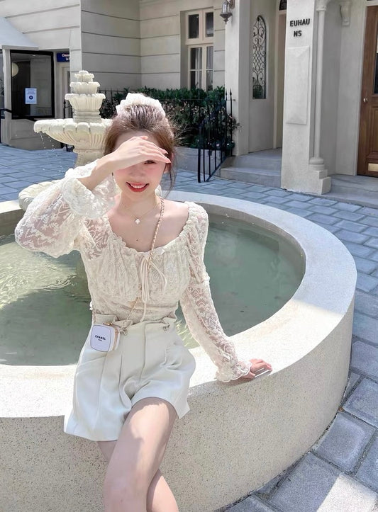 Square Neck Ribbon Lace Top