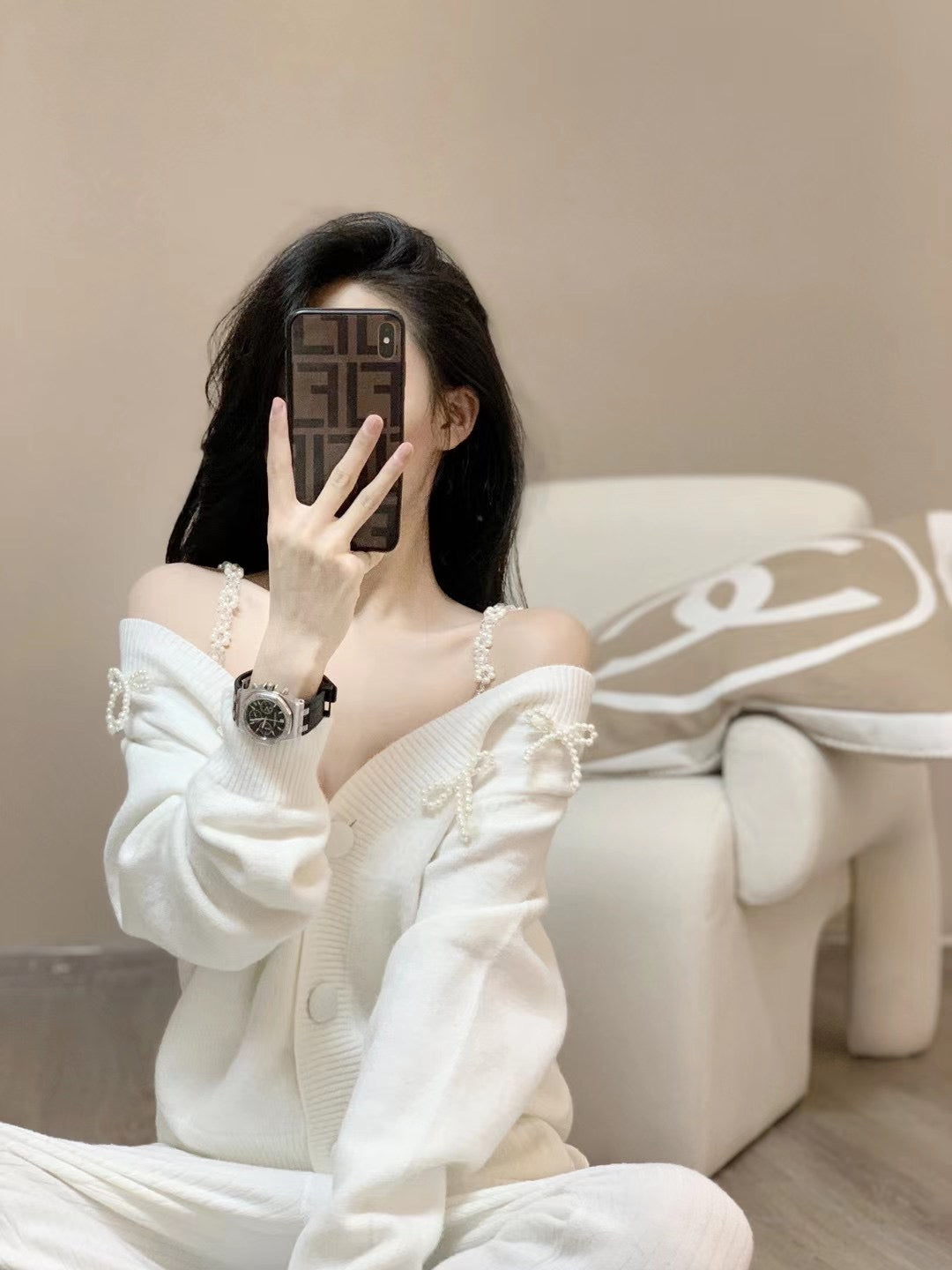Faux Pearl Chain Ribbon Cardigan