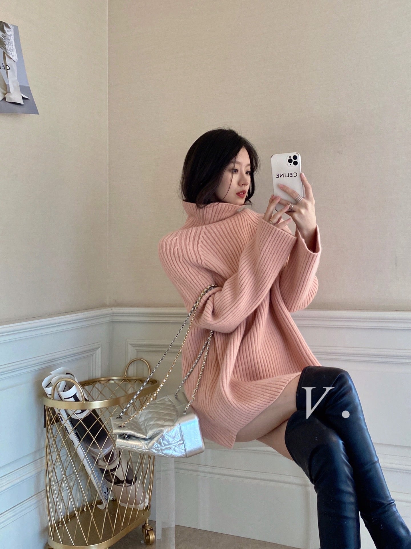 Long Turtleneck Ribbed Sweater