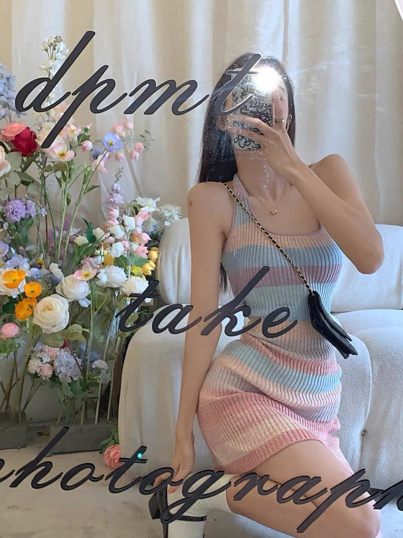 Rainbow Halter Neck Knit Dress