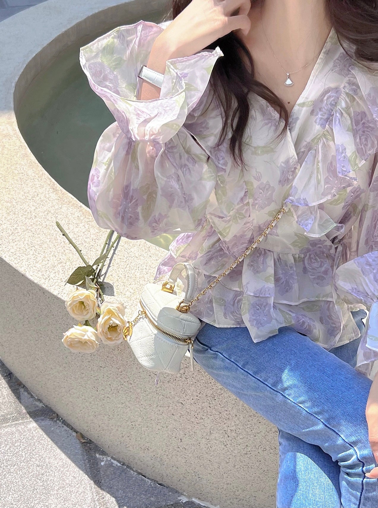 Floral Lantern Sleeves Chiffon Top