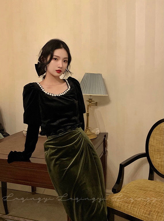 Velvet Top with Smocking Sleeved Set