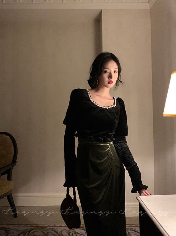 Velvet Top with Smocking Sleeved Set