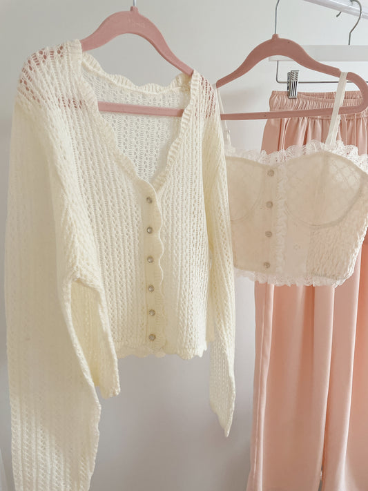 Cream Pointelle Knit Cardigan