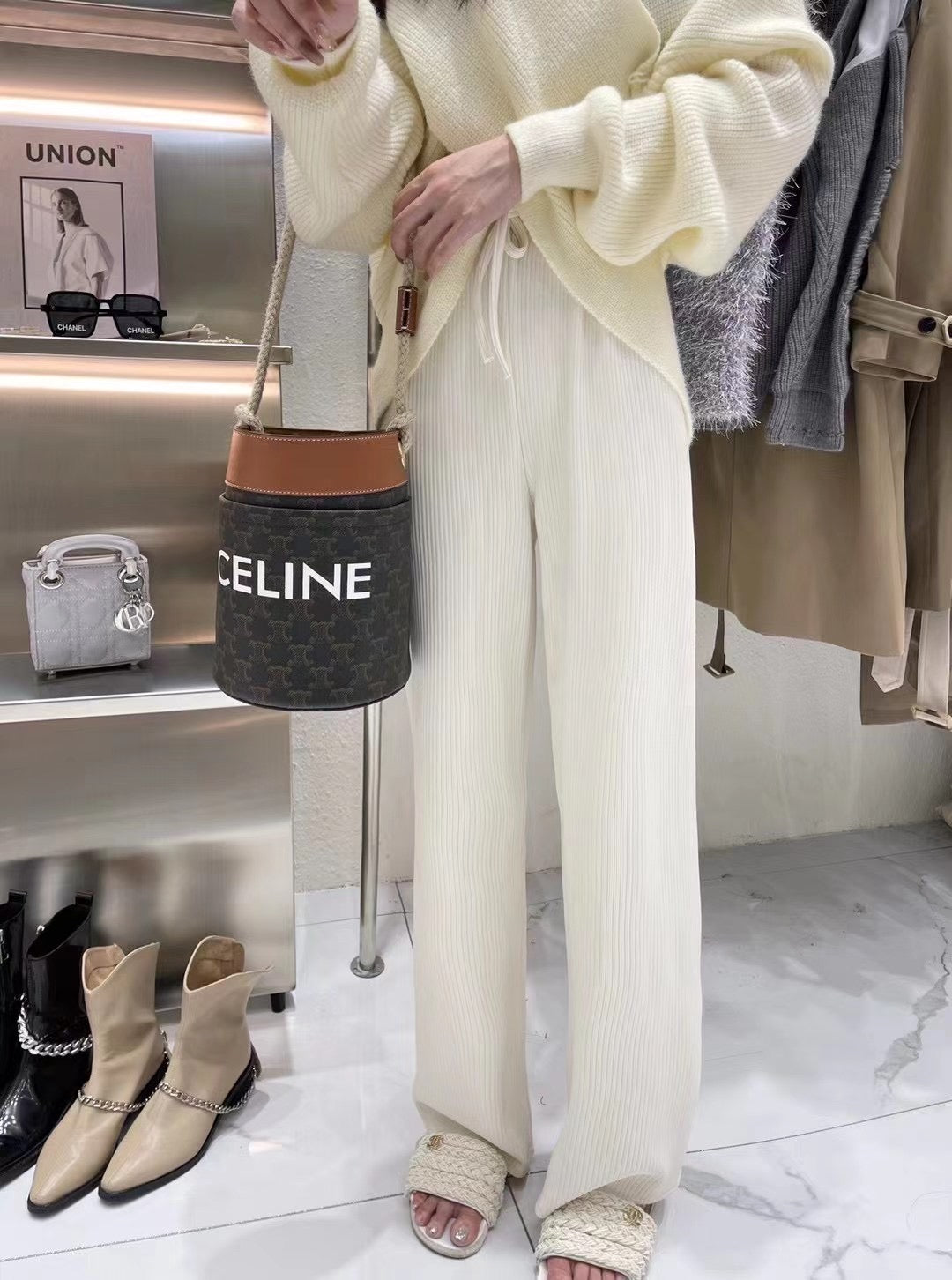 Fleece Lined Ribbed Wide Leg Pants