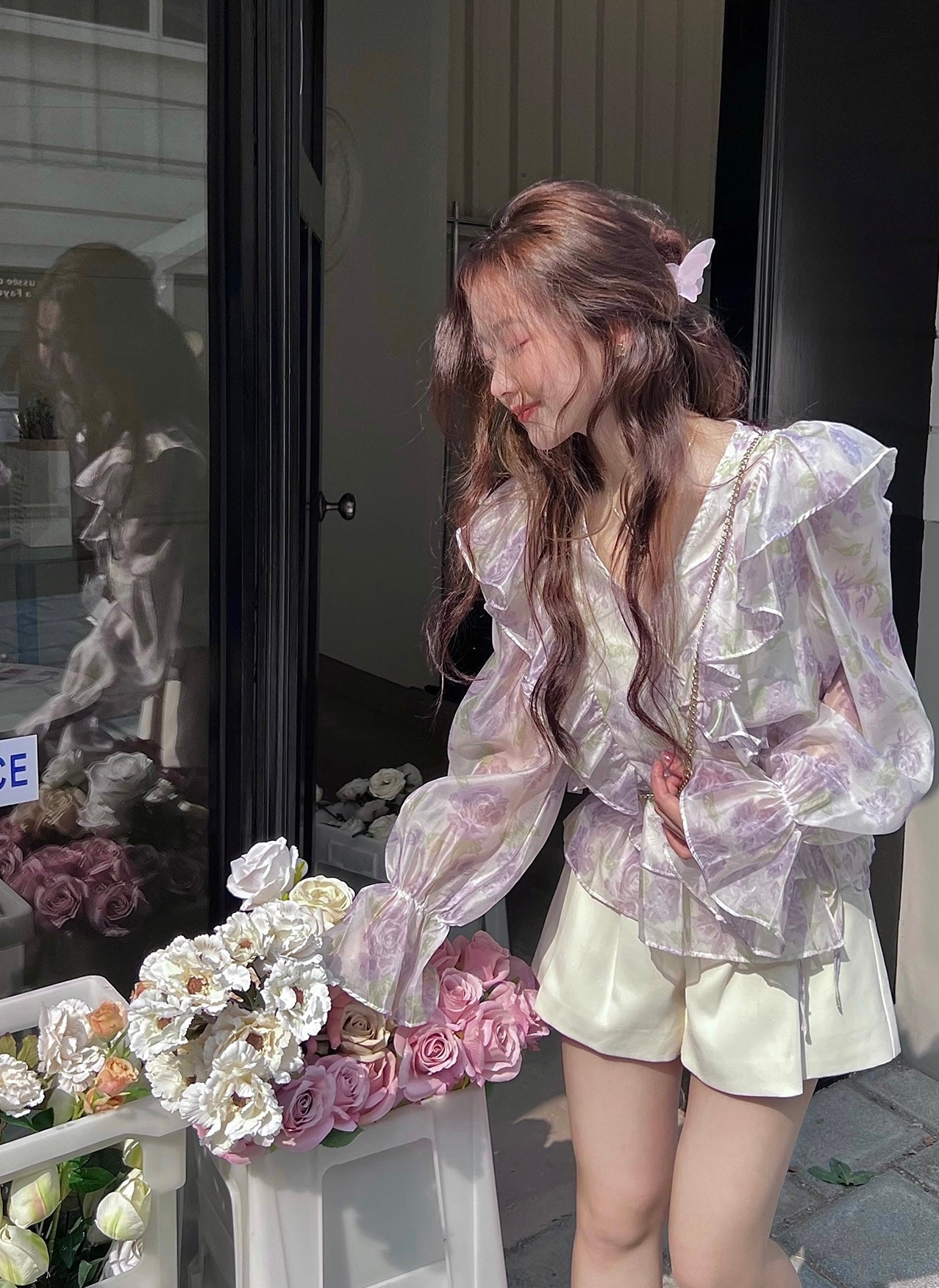 Floral Lantern Sleeves Chiffon Top