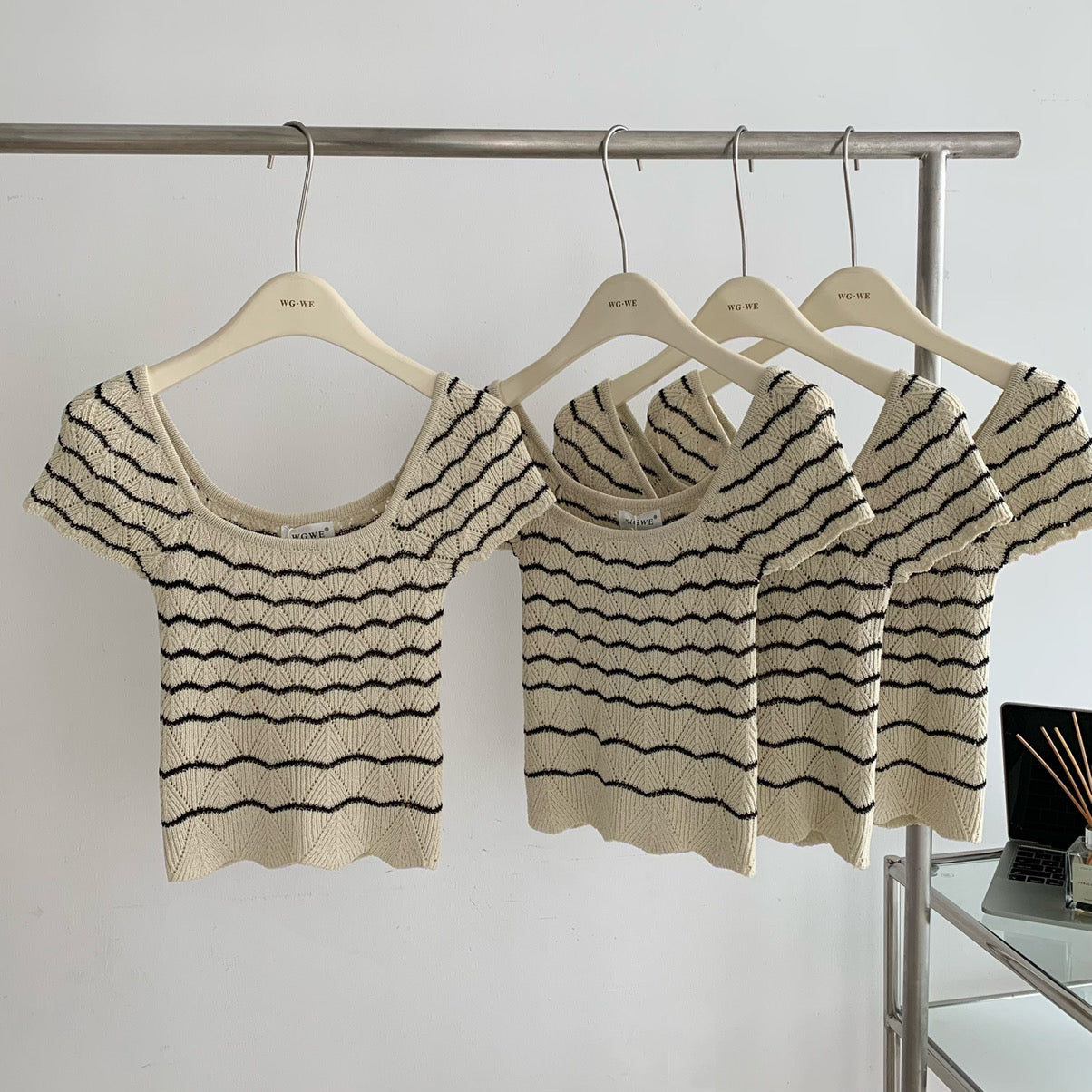 Pointelle Striped Knit Cropped Top