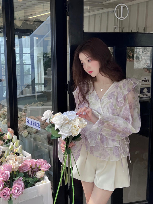 Floral Lantern Sleeves Chiffon Top