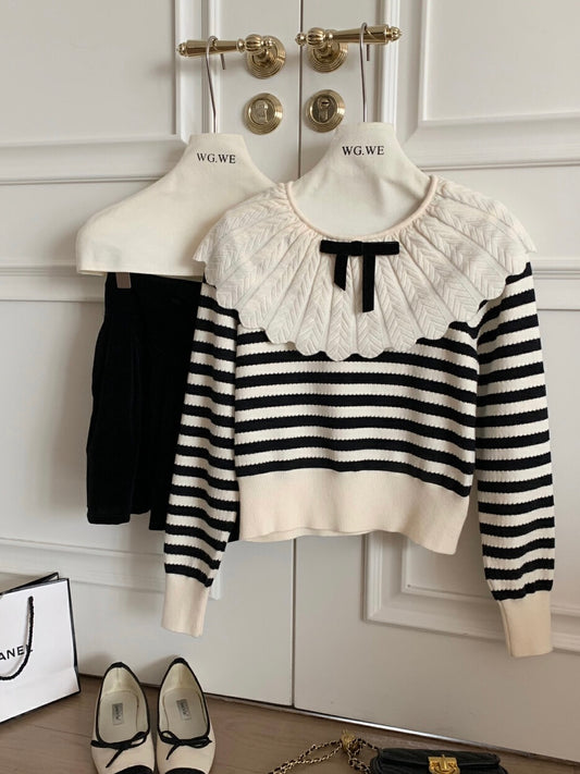 Flounce Collar Striped Knit Top