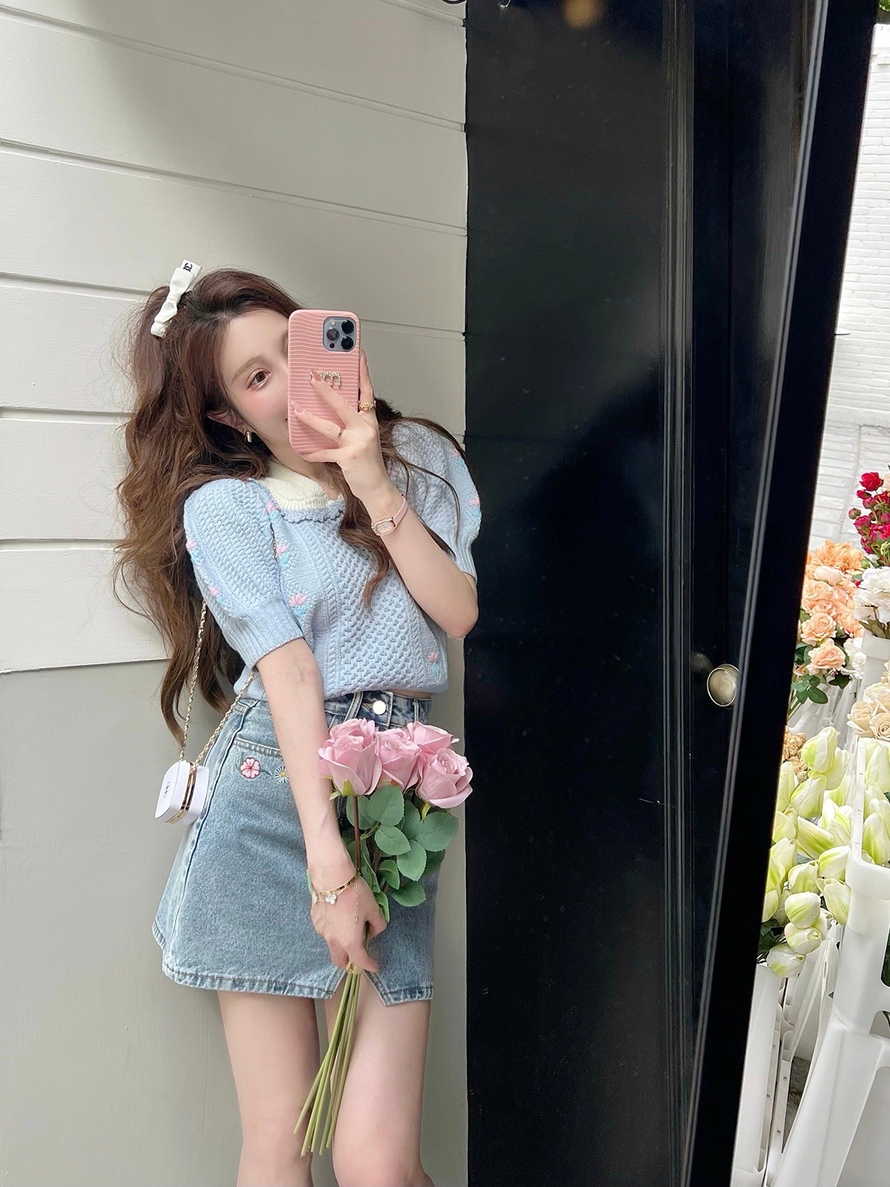 Puff Sleeves Floral Knit Top