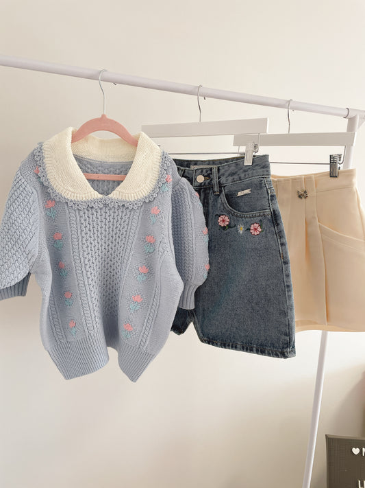 Puff Sleeves Floral Knit Top