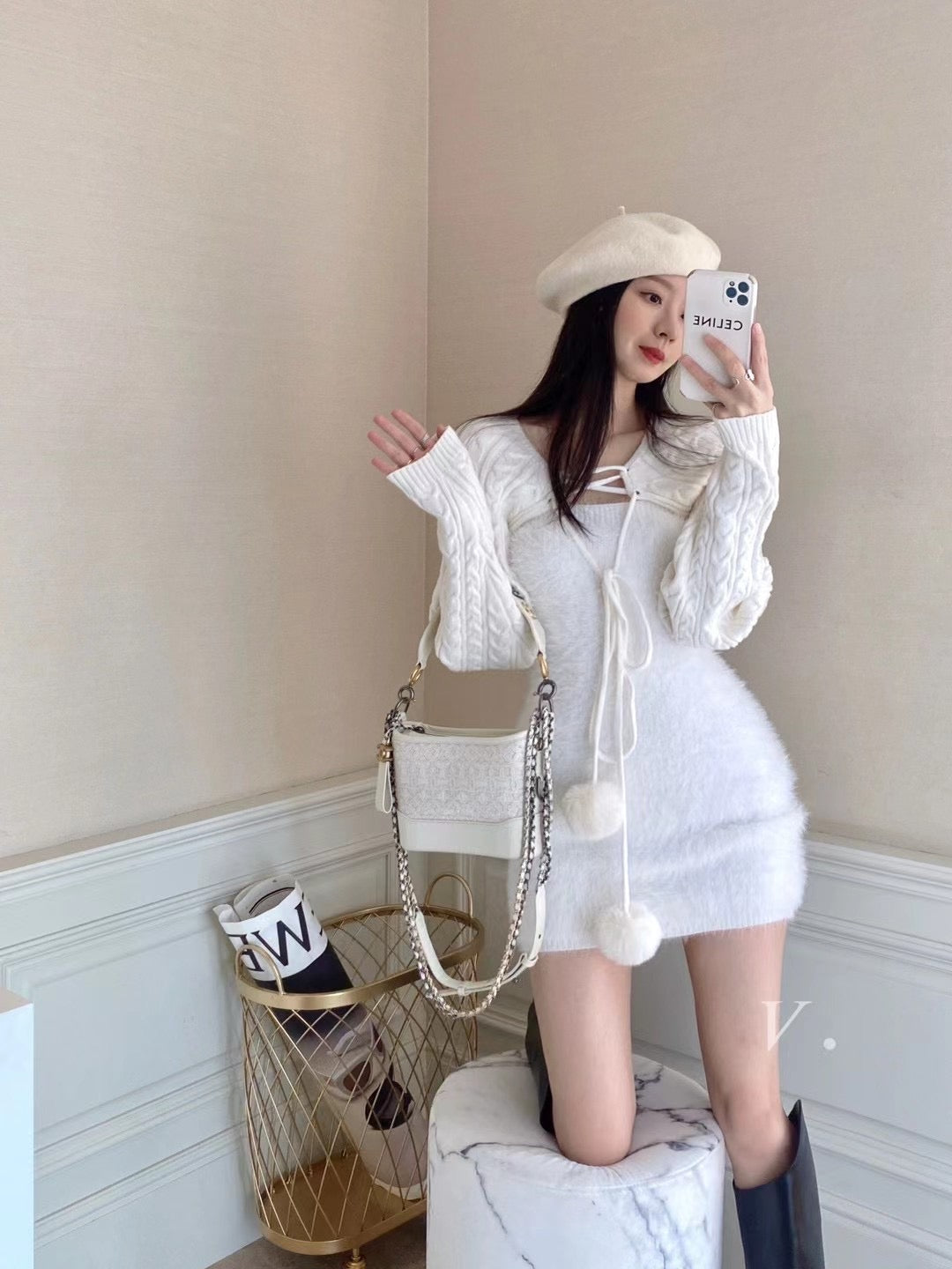 Faux Mink Dress with Knit Arm Warmer
