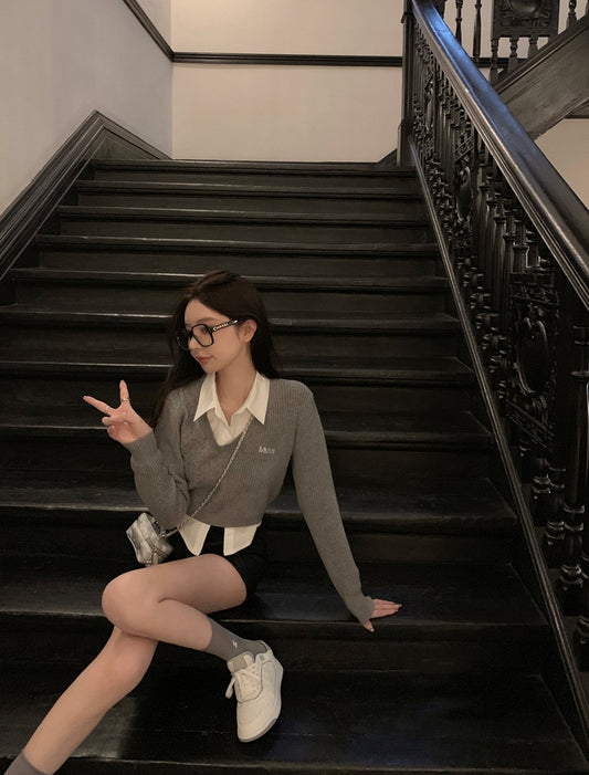 High School Sweater with Shirt Collar