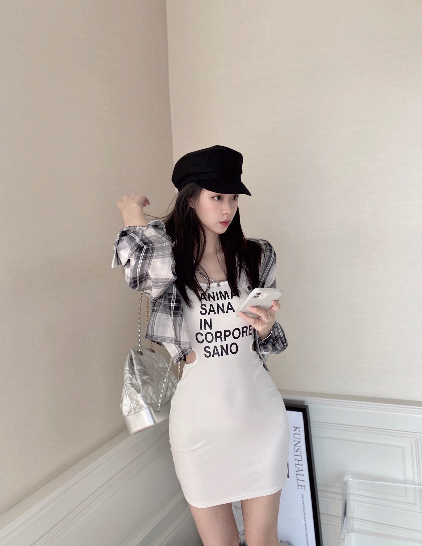 Plaid Shirt Hollow Bodycon Set