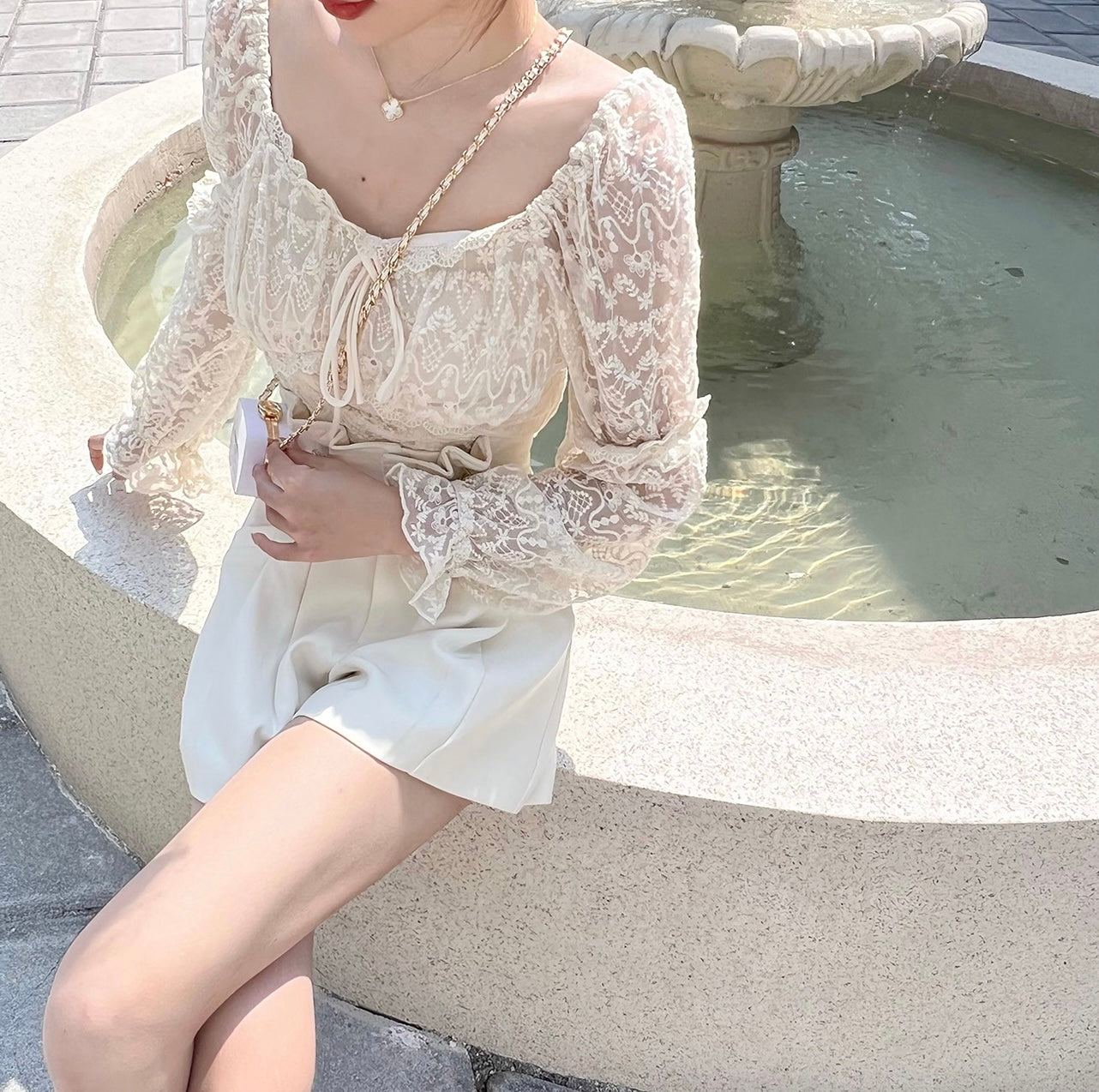 Square Neck Ribbon Lace Top
