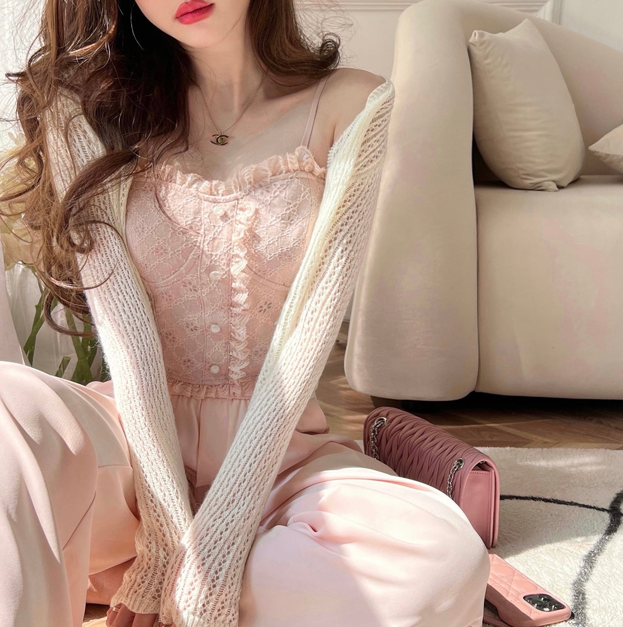 Cream Pointelle Knit Cardigan