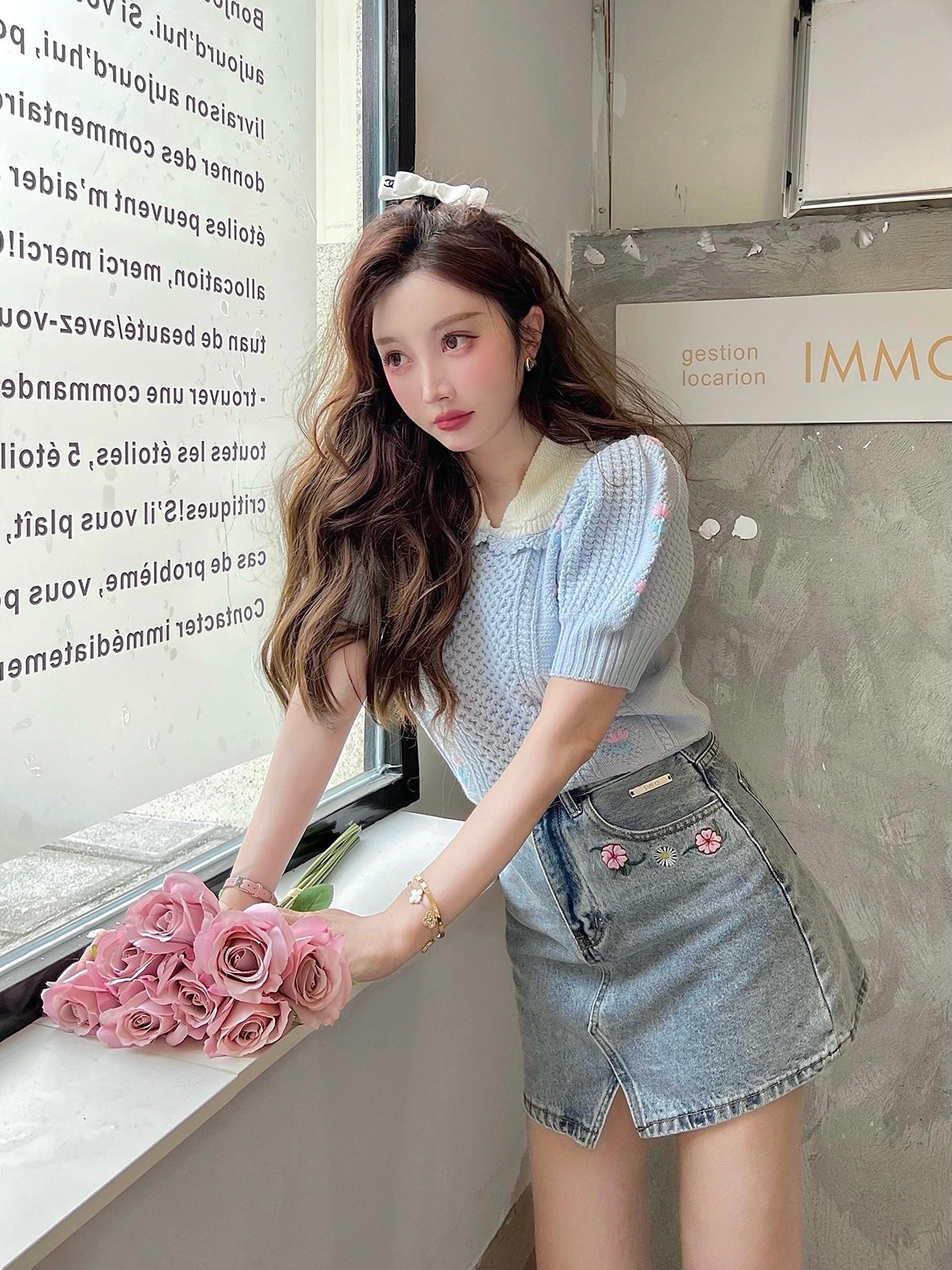 Puff Sleeves Floral Knit Top