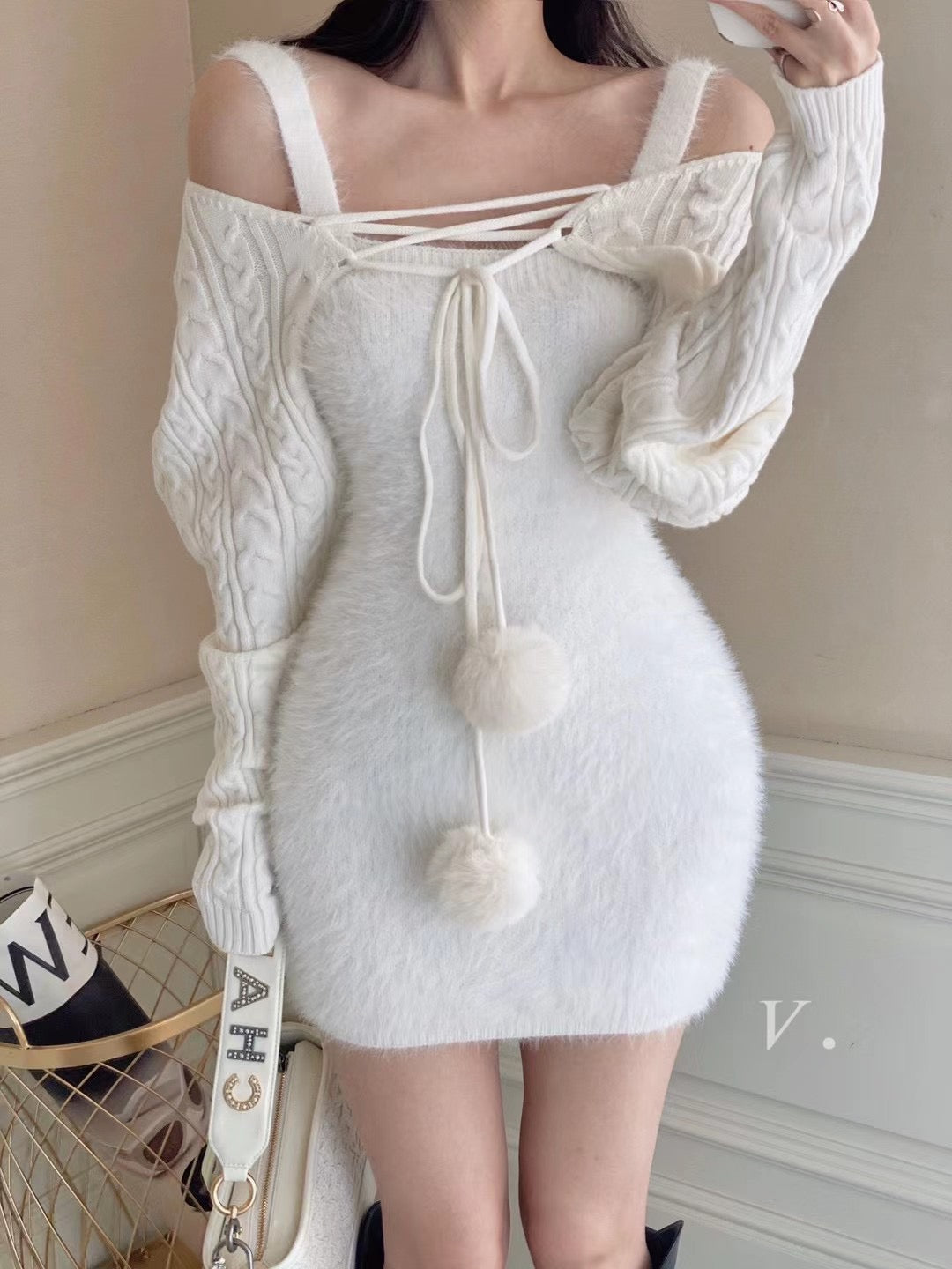 Faux Mink Dress with Knit Arm Warmer