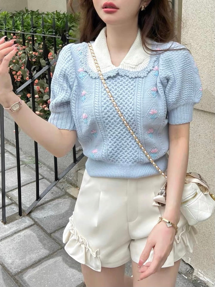 Puff Sleeves Floral Knit Top