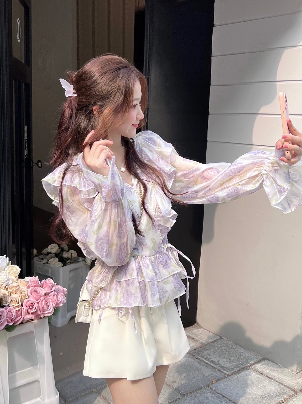 Floral Lantern Sleeves Chiffon Top